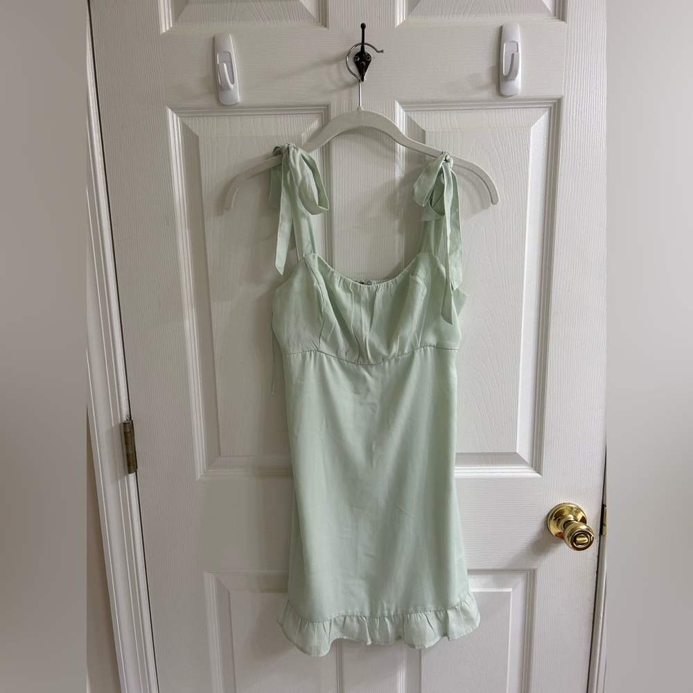 Abercrombie and Fitch Women’s Tie Strap Ruffle Mini Dress in Mint Green